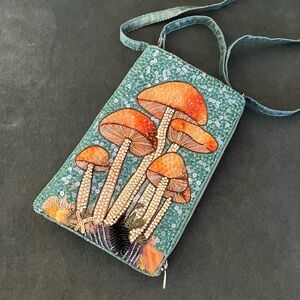 Beaded satin crossbody Mushroom bag or wristlet. 8”L x 5” W. Two pockets.